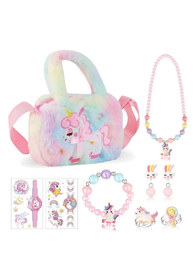 Muyixin Kids Unicorns Kit Girls Kids Toys Plush Stationery Diary with Lock and Key, Tie-Dye Unicorn Purse for Girls Ages 6 And Up, Jewelry Set Pretend Play Accessories for Teen Girl Birthday Unicorn Toy  - Image 4