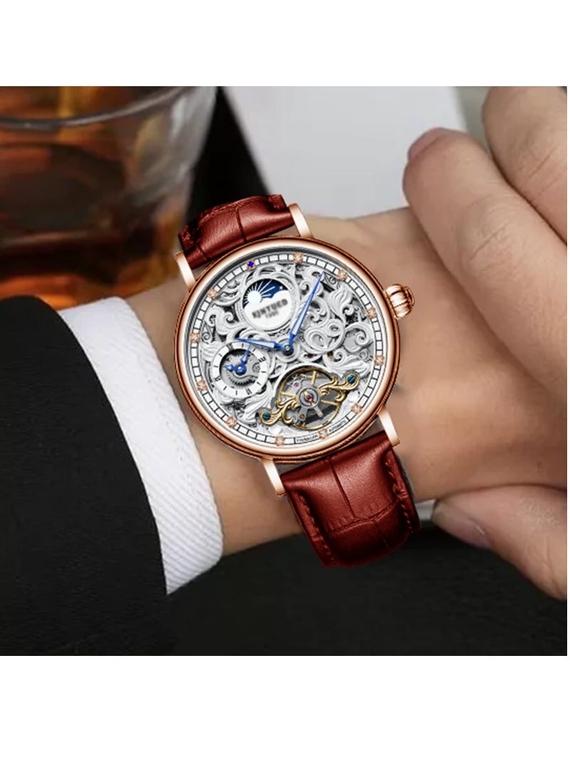 Luxury Waterproof Men's Self-Winding Skeleton Watch with Tourbillon and Crystal Details in Brown - Image 2