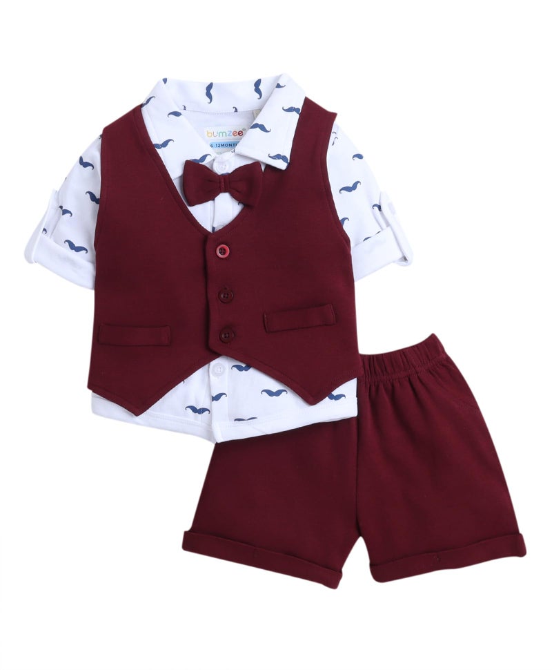 BUMZEE Maroon & White Boys Full Sleeves Shirt Waistcoat & Short Set with Applique Bow Age - 2-3 Years (Peb9293F-mrn.wht) - Image 1
