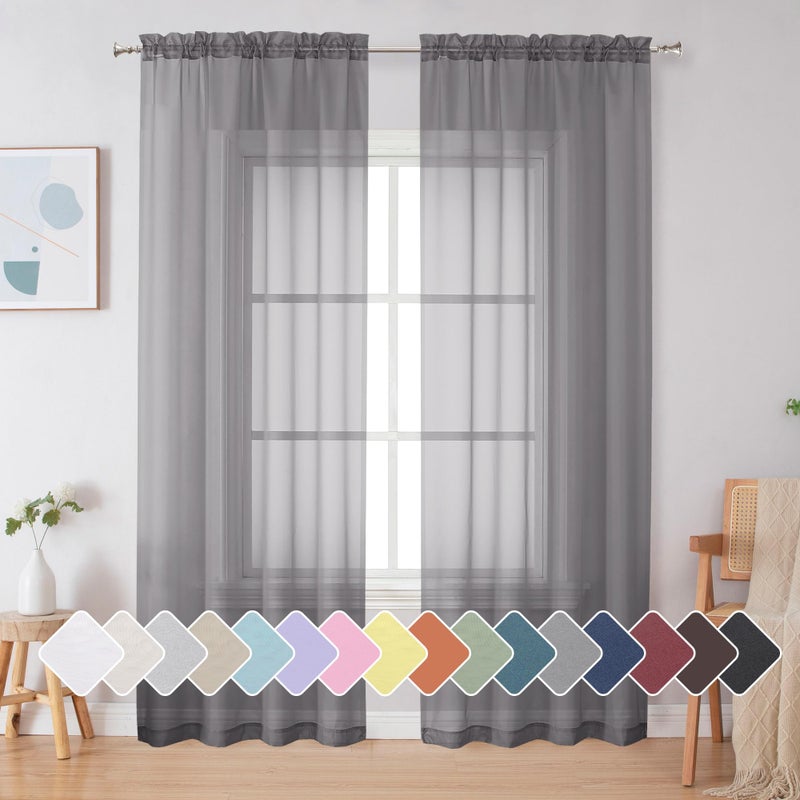 Simplebrand Grey Sheer Curtains 84 Inches Long Light Filtering Rod Pocket Solid Color Window Sheer Curtain Panels Elegant Curtains  Drapes for Living Room 2 Panels Charcoal Grey 2x42x84