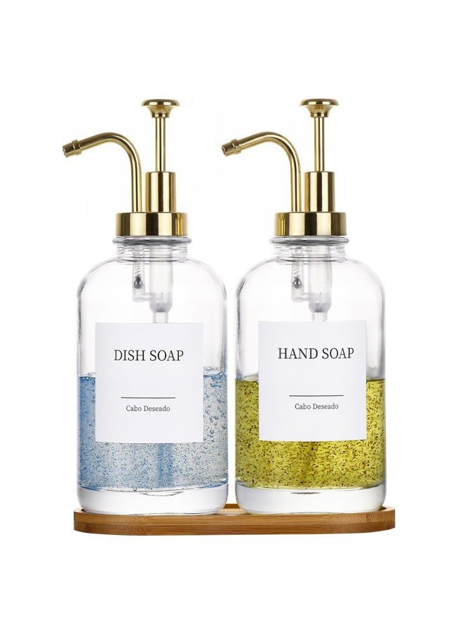 Cabo Deseado Glass Soap Dispenser with Pump, Dish and Hand Soap Dispenser for Kitchen Bathroom Set, Clear Glass Dispenser Set of 2 Pack with 18 Stickers Funnel Bamboo Tray 500ml 18oz / Each Bottle Gold Pump - Image 1