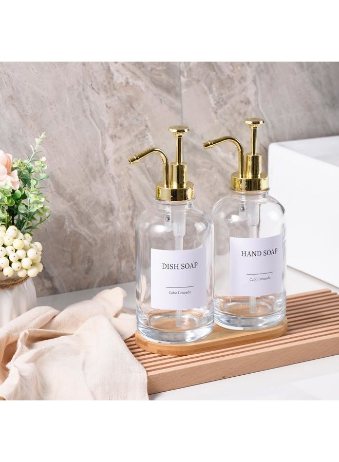 Cabo Deseado Glass Soap Dispenser with Pump, Dish and Hand Soap Dispenser for Kitchen Bathroom Set, Clear Glass Dispenser Set of 2 Pack with 18 Stickers Funnel Bamboo Tray 500ml 18oz / Each Bottle Gold Pump - Image 2