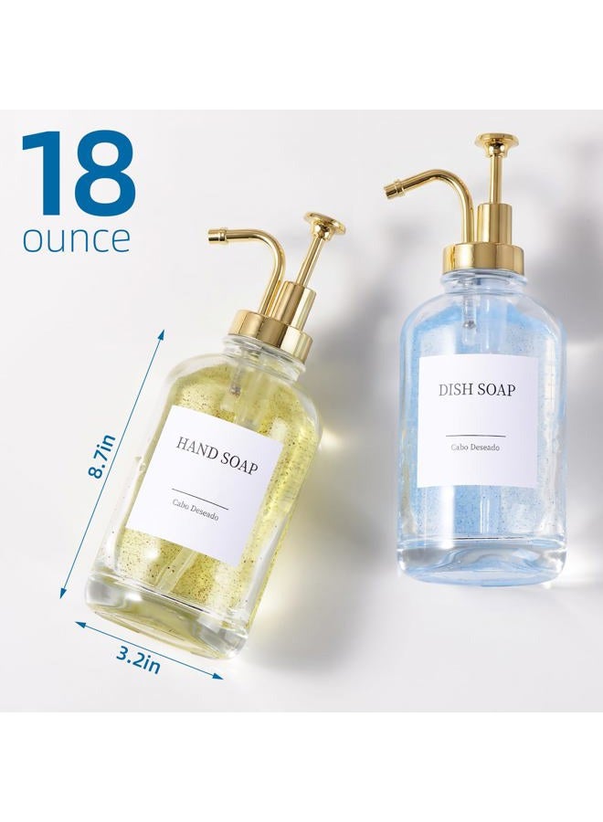 Cabo Deseado Glass Soap Dispenser with Pump, Dish and Hand Soap Dispenser for Kitchen Bathroom Set, Clear Glass Dispenser Set of 2 Pack with 18 Stickers Funnel Bamboo Tray 500ml 18oz / Each Bottle Gold Pump - Image 3