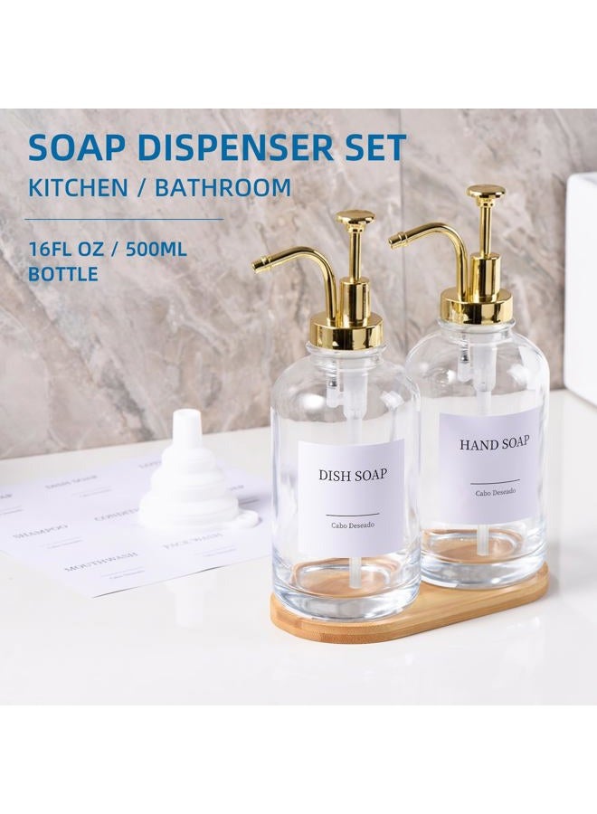 Cabo Deseado Glass Soap Dispenser with Pump, Dish and Hand Soap Dispenser for Kitchen Bathroom Set, Clear Glass Dispenser Set of 2 Pack with 18 Stickers Funnel Bamboo Tray 500ml 18oz / Each Bottle Gold Pump - Image 4