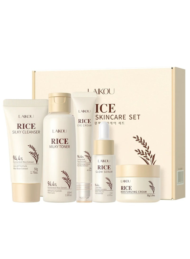لايكو مجموعة العناية بالبشرة بالأرز الكوري - مجموعة هدايا مكونة من 5 قطع تشمل منظف، تونر، سيروم، كريم وكريم للعين - مجموعة العناية بالبشرة بمستخلص الأرز للتوهج. - Image 1