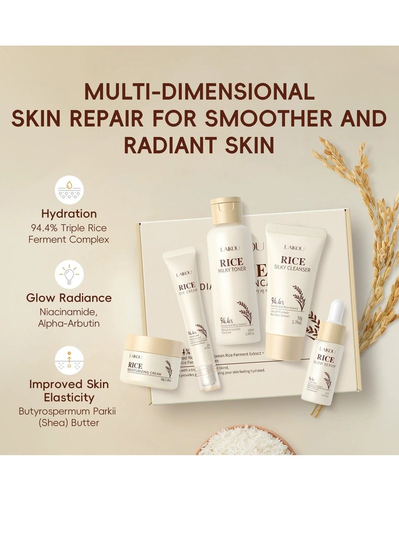 لايكو مجموعة العناية بالبشرة بالأرز الكوري - مجموعة هدايا مكونة من 5 قطع تشمل منظف، تونر، سيروم، كريم وكريم للعين - مجموعة العناية بالبشرة بمستخلص الأرز للتوهج. - Image 3