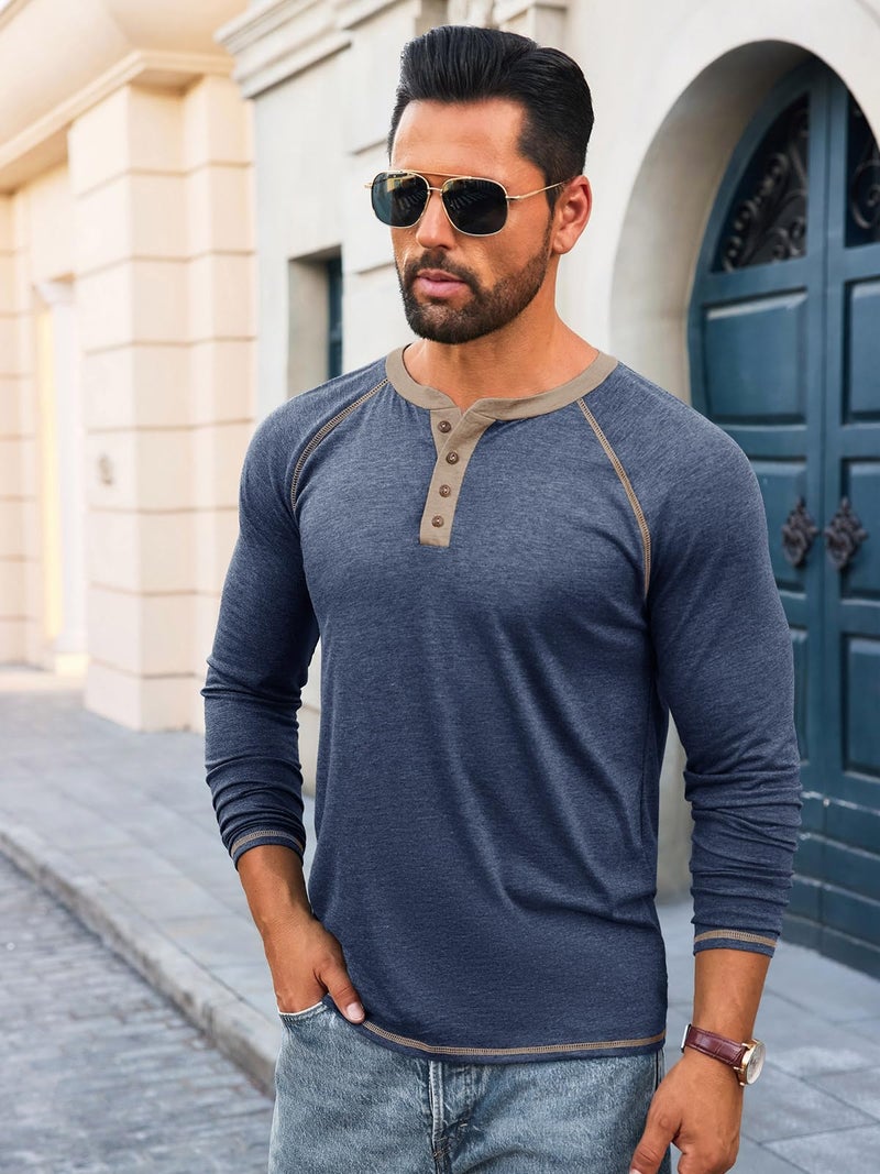 Yousify Mens Henley Shirts Long Sleeve Casual Basic T Shirts Button Vintage Lightweight Cotton Tee Tops Navy - Image 2