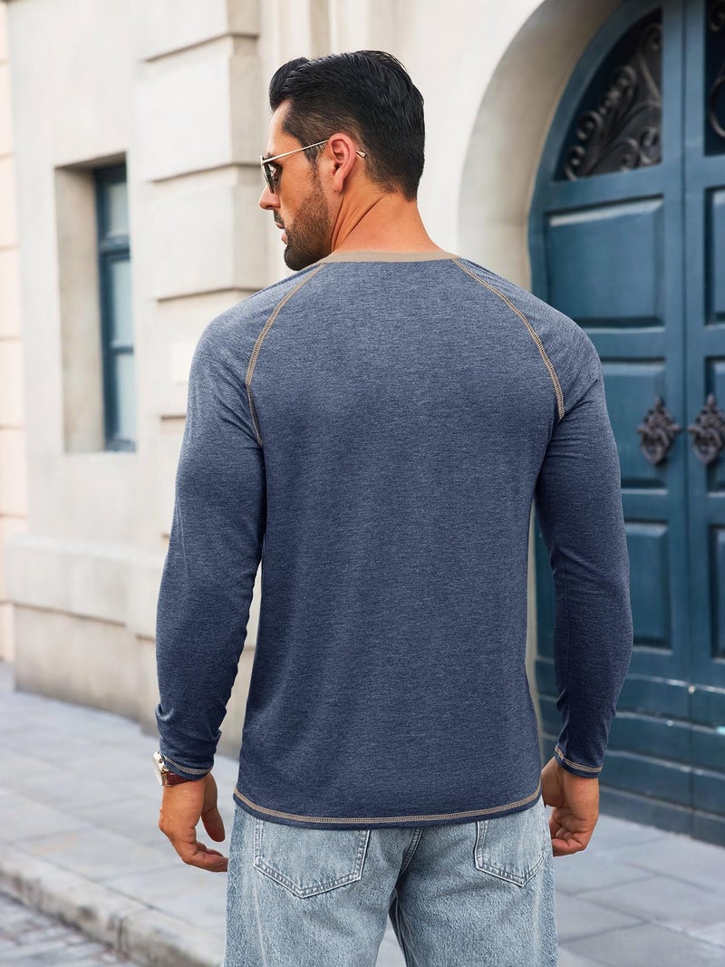 Yousify Mens Henley Shirts Long Sleeve Casual Basic T Shirts Button Vintage Lightweight Cotton Tee Tops Navy - Image 3
