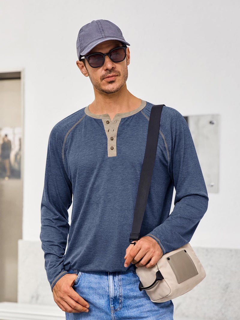 Yousify Mens Henley Shirts Long Sleeve Casual Basic T Shirts Button Vintage Lightweight Cotton Tee Tops Navy - Image 4