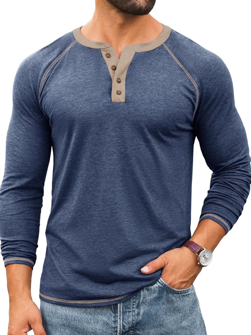 Yousify Mens Henley Shirts Long Sleeve Casual Basic T Shirts Button Vintage Lightweight Cotton Tee Tops Navy - Image 1