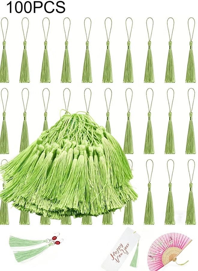 YJ 100 pieces of light green 13cm/5-inch silk handmade soft tassel bookmarks with cord loops, for jewelry making DIY craft accessories - Image 1