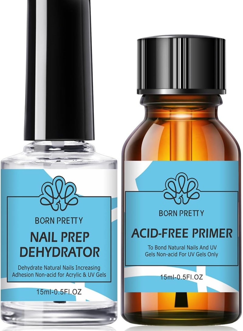 Born Pretty BORN PRETTY Nail Dehydrator and Primer Set, Acid Free Natural Nail Prep Dehydrate & Nail Bond Primer Set Fast Air Dry for Gel Nail Polish and Acrylic Powder Nail Supplies Set 0.5oz  - Image 1