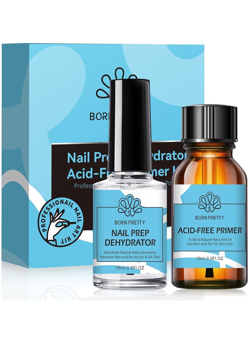 BORN PRETTY Nail Dehydrator and Primer Set, Acid Free Natural Nail Prep Dehydrate & Nail Bond Primer Set Fast Air Dry for Gel Nail Polish and Acrylic Powder Nail Supplies Set 0.5oz - Image 1