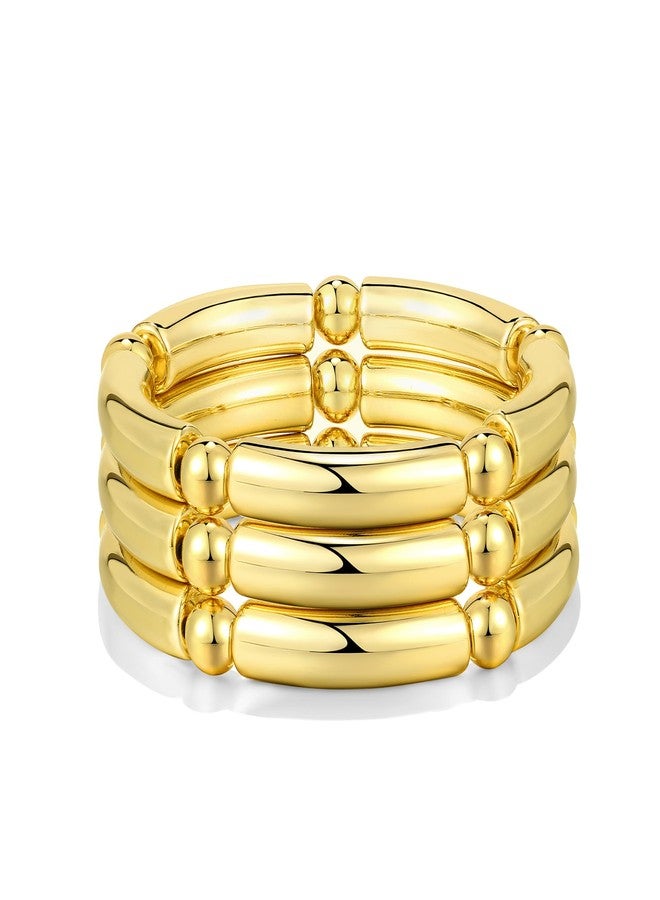 Badu 3pcs Gold Chunky Bangles Bracelets For Women 14k Gold Plated Stack Layered Curved Bamboo Tube Stretch Bracelets Gift Jewelry - Image 1