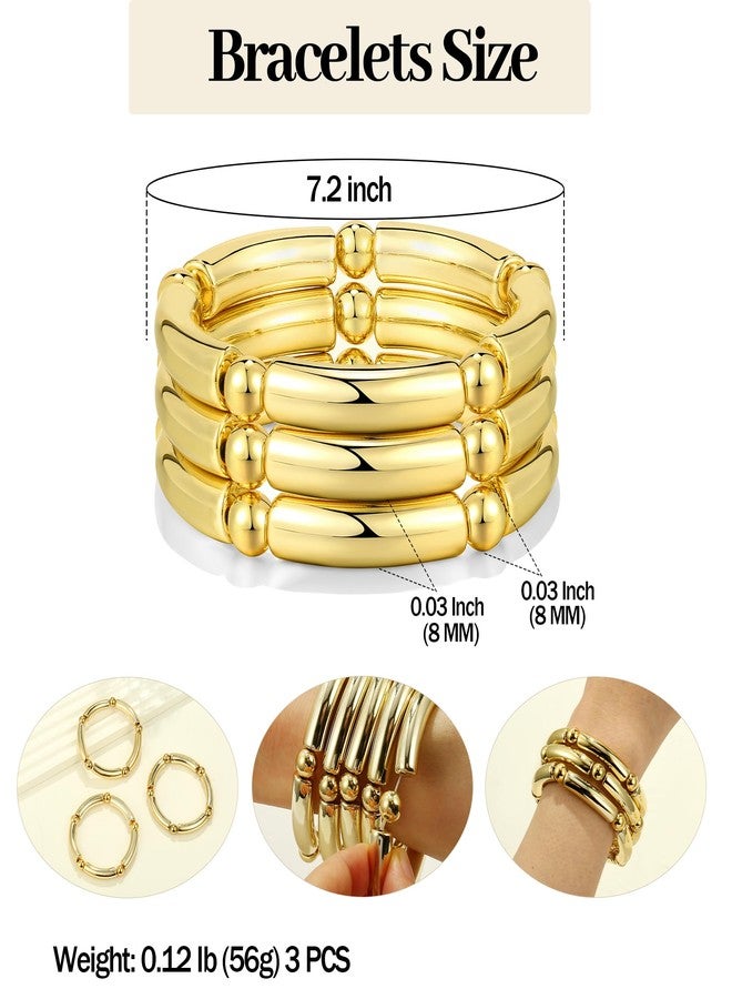 Badu 3pcs Gold Chunky Bangles Bracelets For Women 14k Gold Plated Stack Layered Curved Bamboo Tube Stretch Bracelets Gift Jewelry - Image 2