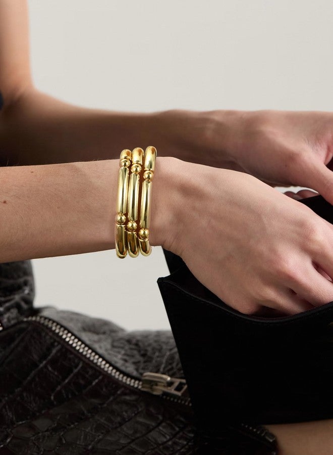 Badu 3pcs Gold Chunky Bangles Bracelets For Women 14k Gold Plated Stack Layered Curved Bamboo Tube Stretch Bracelets Gift Jewelry - Image 5