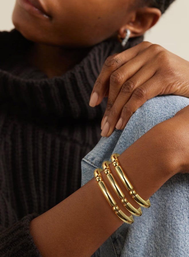 Badu 3pcs Gold Chunky Bangles Bracelets For Women 14k Gold Plated Stack Layered Curved Bamboo Tube Stretch Bracelets Gift Jewelry - Image 3