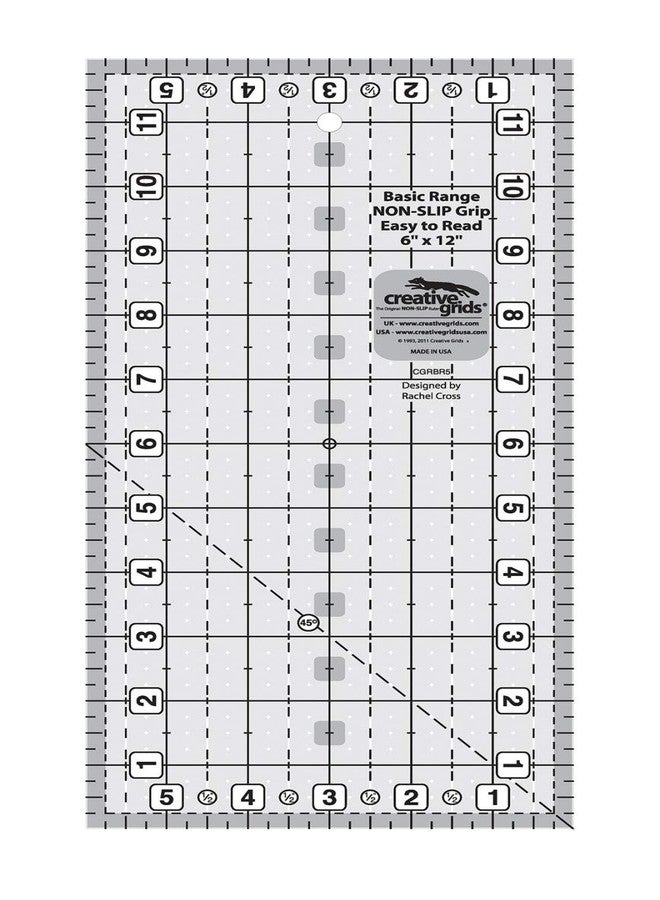 مسطرة لحاف مستطيلة أساسية من Creative Grids مقاس 6 × 12 بوصة - CGRBR5 - صنع في الولايات المتحدة الأمريكية، مصنوعة من الأكريليك بمقبض مانع للانزلاق، مناسبة للخياطة والحرف اليدوية والترقيع، لقياس وقطع القماش