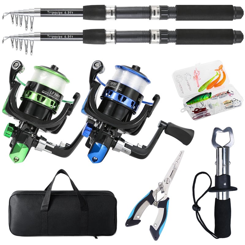 Tripquips Fishing Rod, 2PCS Telescopic Fishing Rod and Reel Combo with Fishing Pliers and Lip Gripper, Pre-Loaded Spinning Reel Combo Set, Fishing Pole with Carrier Bag Fishing Gear(Blue & Green) - Image 2