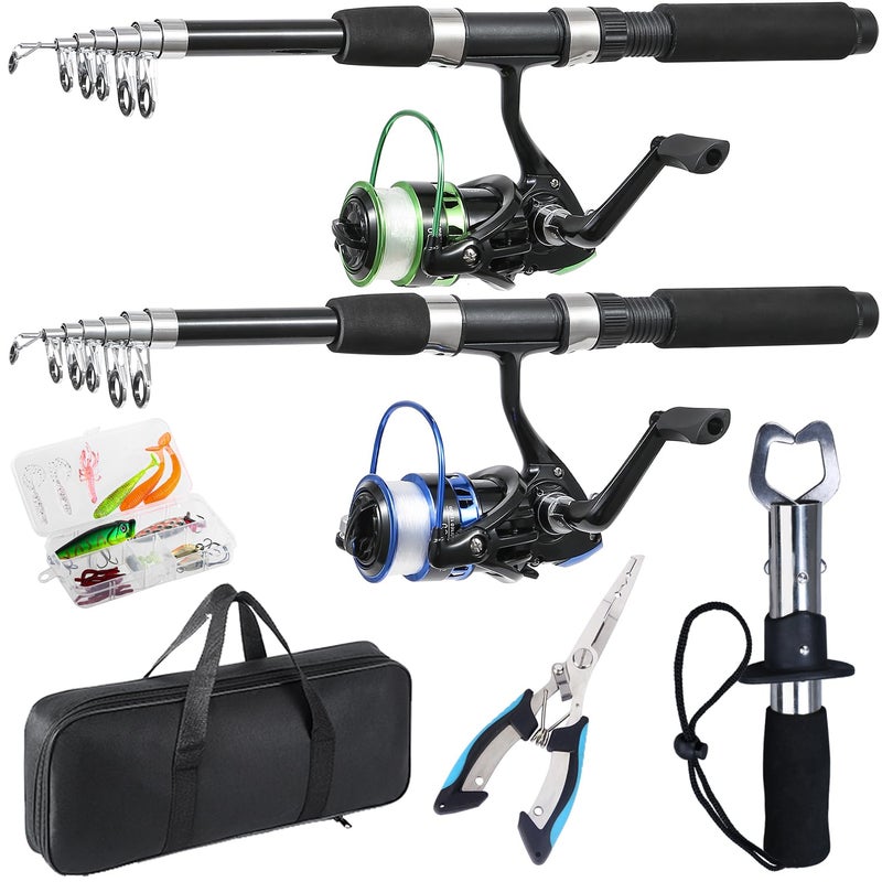 Tripquips Fishing Rod, 2PCS Telescopic Fishing Rod and Reel Combo with Fishing Pliers and Lip Gripper, Pre-Loaded Spinning Reel Combo Set, Fishing Pole with Carrier Bag Fishing Gear(Blue & Green) - Image 1