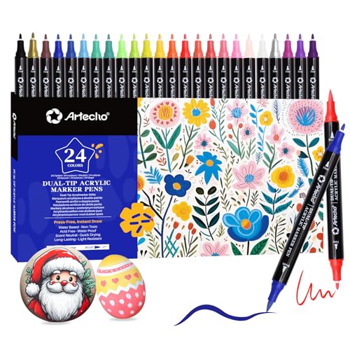 Artecho Acrylic Paint Markers 24 Colors, Acrylic Paint Pens with Brush Tip and Fine Tip for Stone, Rock Painting, Paper, Pumpkin, Wood, Egg, Canvas, Ceramic, Fabric, leather, Glass, DIY Crafts - Image 1