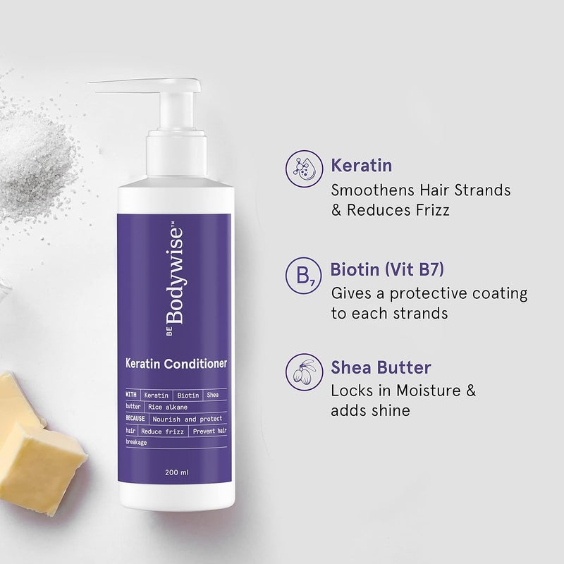 Be Bodywise Keratin Conditioner Paraben & Sls Free Reduces Frizz Locks In Moisture Keratin Silk Protein Biotin & Shea Butter All 200 ml (Pack of 1) Clear - Image 3