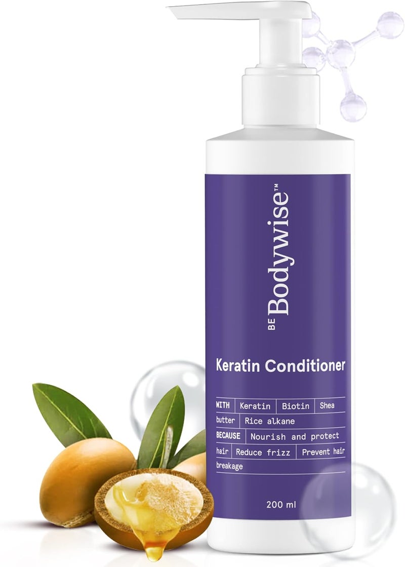 Be Bodywise Keratin Conditioner Paraben & Sls Free Reduces Frizz Locks In Moisture Keratin Silk Protein Biotin & Shea Butter All 200 ml (Pack of 1) Clear - Image 1