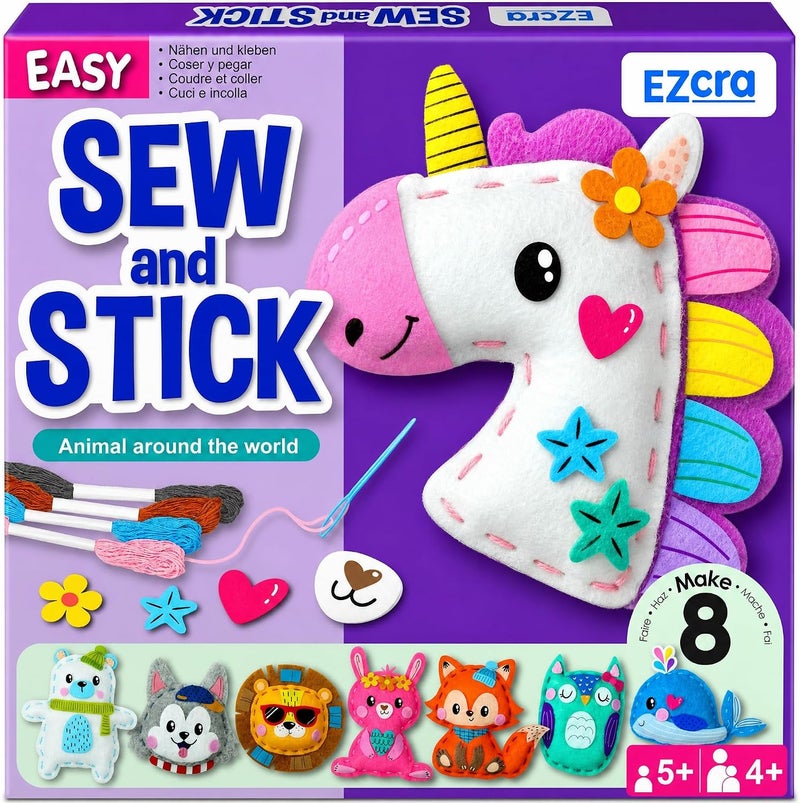 EZCRA Unicorn Sewing Kit for Kids - 8-in-1 Kids Sewing Kit - Easy to Do Craft Kits for Ages 4-8 - Sewing Crafts - Extra Felt Stickers for Decoration - No Mess with Full Instructions - Image 1