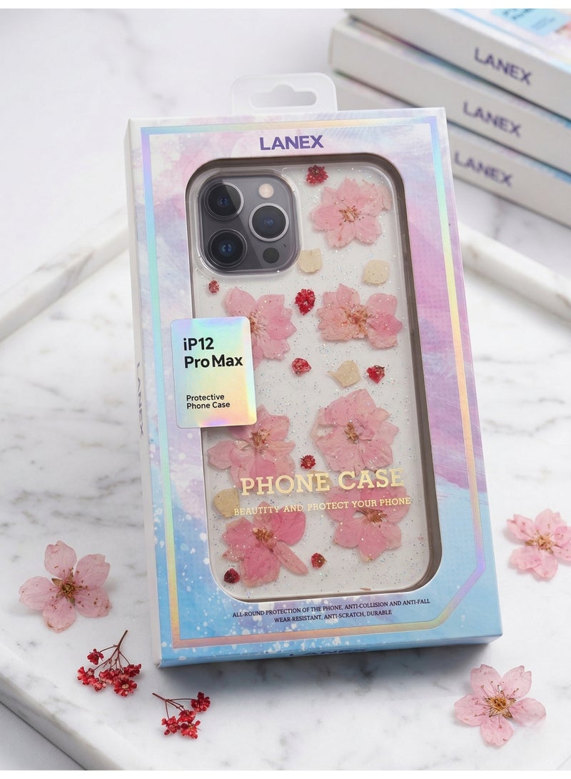 LANEX Clear Case for iPhone 12 Pro Max with Pink Sakura Dried Flowers - Shockproof Protective Back Cover - Image 3