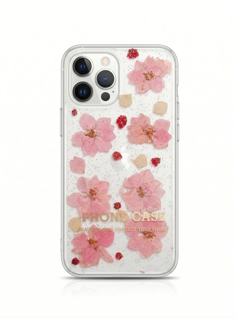 LANEX Clear Case for iPhone 12 Pro Max with Pink Sakura Dried Flowers - Shockproof Protective Back Cover - Image 1