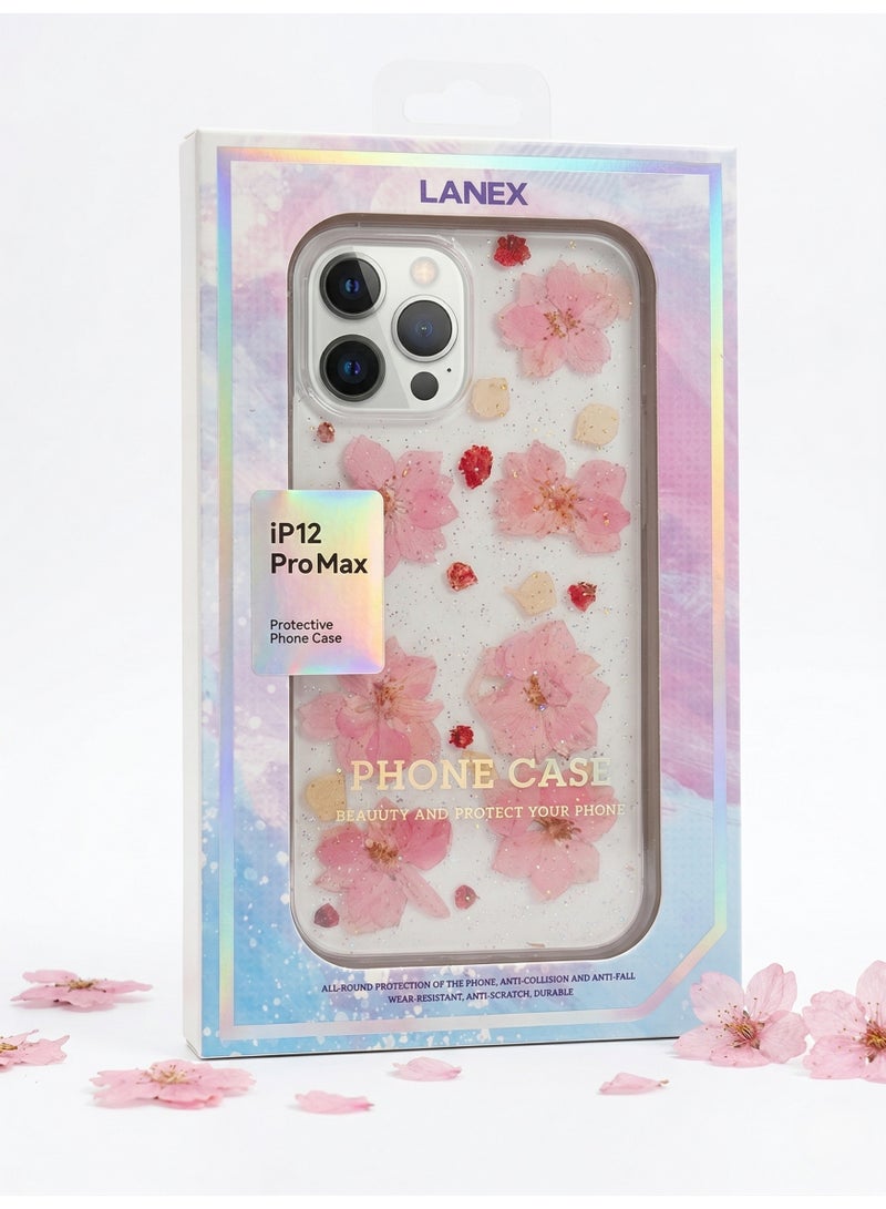LANEX Clear Case for iPhone 12 Pro Max with Pink Sakura Dried Flowers - Shockproof Protective Back Cover - Image 2