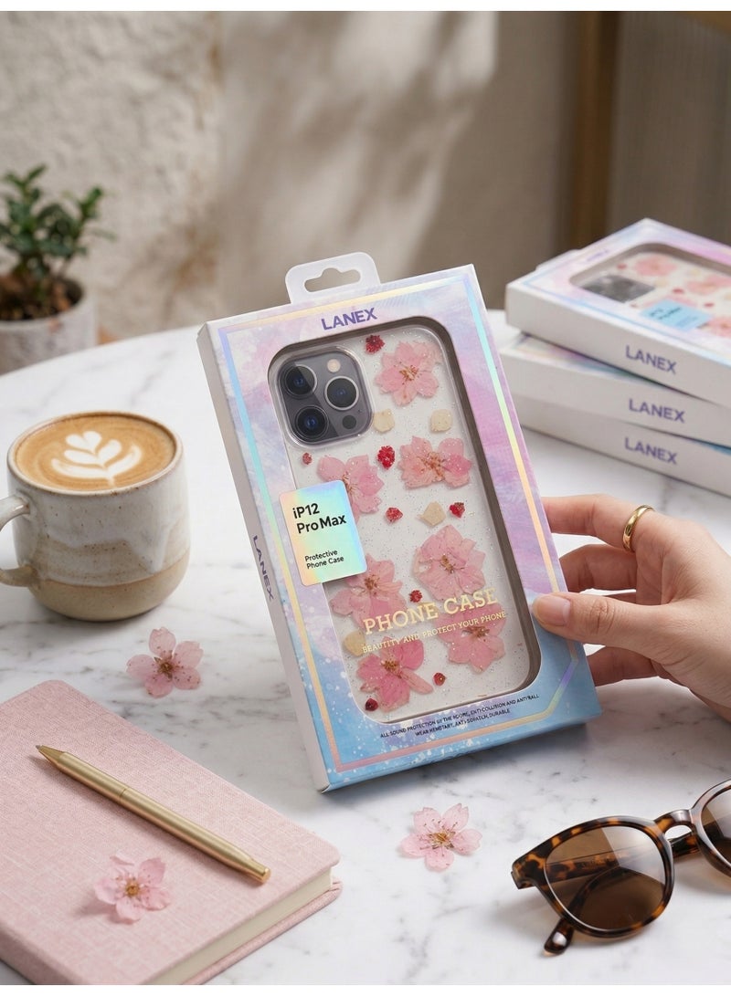 LANEX Clear Case for iPhone 12 Pro Max with Pink Sakura Dried Flowers - Shockproof Protective Back Cover - Image 5