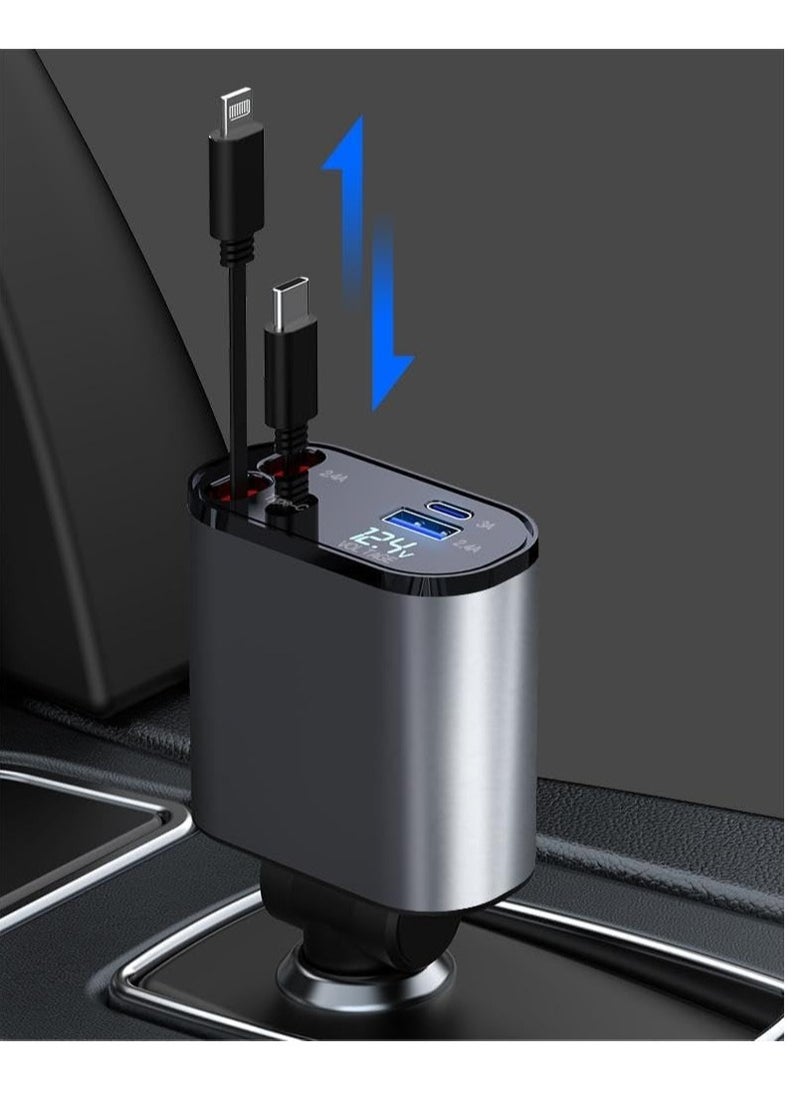 ماركة غير محددة - شاحن سريع للسيارة قابل للسحب بمنفذ USB C - بتصميم مع شاشة عرض ديجيتال LED 120 وات 4 في 1، محول بمنفذين نوع بتقنية باور ديلفري، بجهد 12/24 فولت وطاقة وات، أسود - Image 1