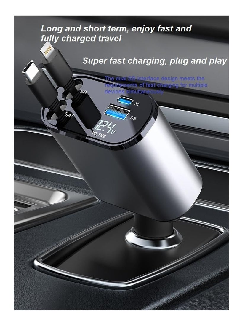ماركة غير محددة - شاحن سريع للسيارة قابل للسحب بمنفذ USB C - بتصميم مع شاشة عرض ديجيتال LED 120 وات 4 في 1، محول بمنفذين نوع بتقنية باور ديلفري، بجهد 12/24 فولت وطاقة وات، أسود - Image 1