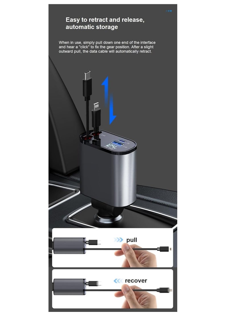 ماركة غير محددة - شاحن سريع للسيارة قابل للسحب بمنفذ USB C - بتصميم مع شاشة عرض ديجيتال LED 120 وات 4 في 1، محول بمنفذين نوع بتقنية باور ديلفري، بجهد 12/24 فولت وطاقة وات، أسود - Image 1
