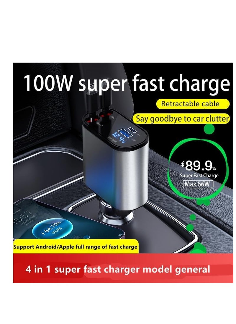 ماركة غير محددة - شاحن سريع للسيارة قابل للسحب بمنفذ USB C - بتصميم مع شاشة عرض ديجيتال LED 120 وات 4 في 1، محول بمنفذين نوع بتقنية باور ديلفري، بجهد 12/24 فولت وطاقة وات، أسود - Image 1
