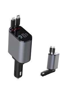 شاحن سريع للسيارة قابل للسحب بمنفذ USB C - بتصميم مع شاشة عرض ديجيتال LED 120 وات 4 في 1، محول بمنفذين نوع بتقنية باور ديلفري، بجهد 12/24 فولت وطاقة وات، أسود