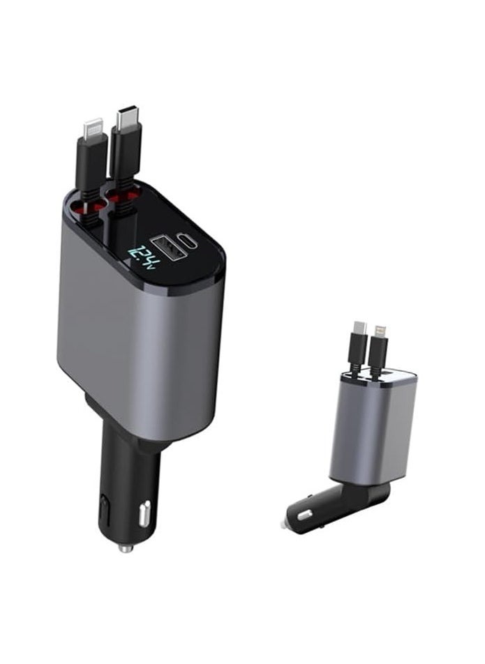 ماركة غير محددة - شاحن سريع للسيارة قابل للسحب بمنفذ USB C - بتصميم مع شاشة عرض ديجيتال LED 120 وات 4 في 1، محول بمنفذين نوع بتقنية باور ديلفري، بجهد 12/24 فولت وطاقة وات، أسود - Image 1