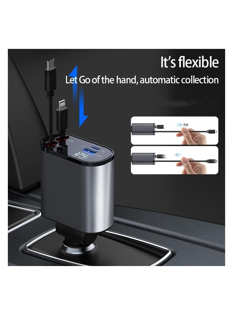 ماركة غير محددة - شاحن سريع للسيارة قابل للسحب بمنفذ USB C - بتصميم مع شاشة عرض ديجيتال LED 120 وات 4 في 1، محول بمنفذين نوع بتقنية باور ديلفري، بجهد 12/24 فولت وطاقة وات، أسود - Image 1
