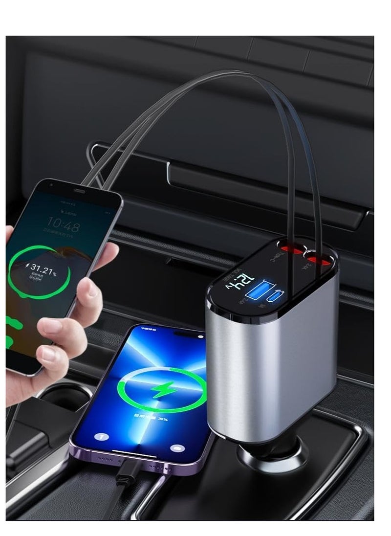 ماركة غير محددة - شاحن سريع للسيارة قابل للسحب بمنفذ USB C - بتصميم مع شاشة عرض ديجيتال LED 120 وات 4 في 1، محول بمنفذين نوع بتقنية باور ديلفري، بجهد 12/24 فولت وطاقة وات، أسود - Image 1