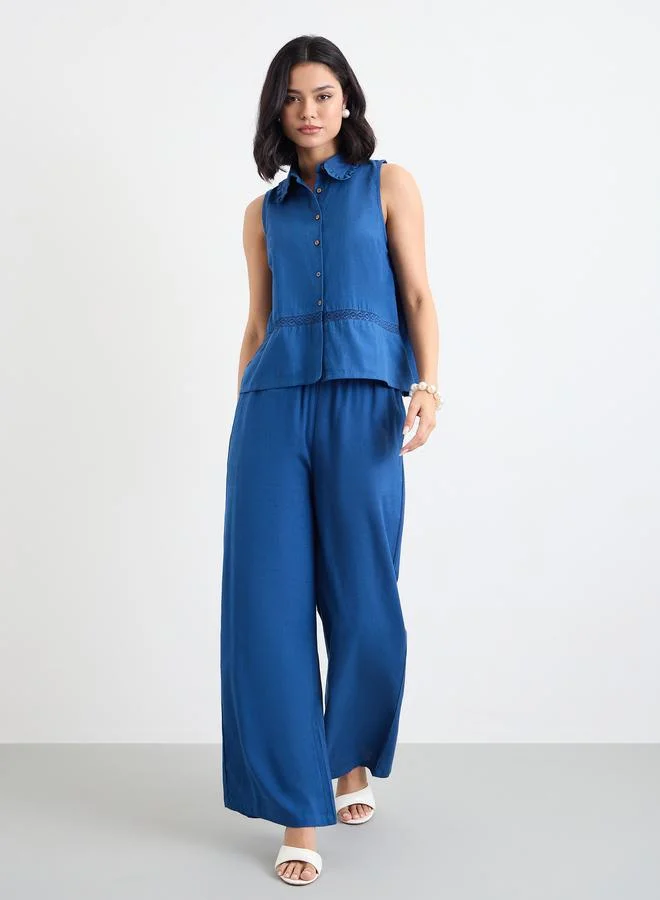 ستايلي Styli Navy Blue Linen Look Top and Wide Leg Pants Co-Ords