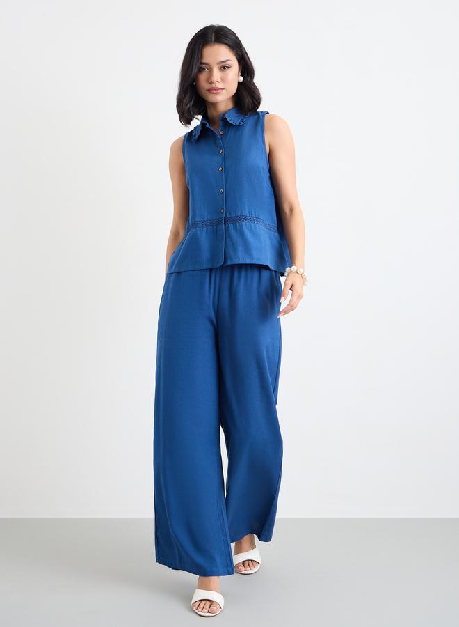 Styli Navy Blue Linen Look Top and Wide Leg Pants Co-Ords - Image 2