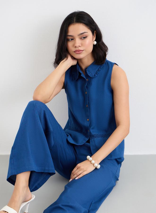 Styli Navy Blue Linen Look Top and Wide Leg Pants Co-Ords - Image 5