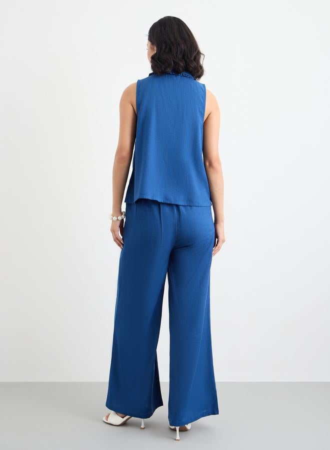 Styli Navy Blue Linen Look Top and Wide Leg Pants Co-Ords - Image 4