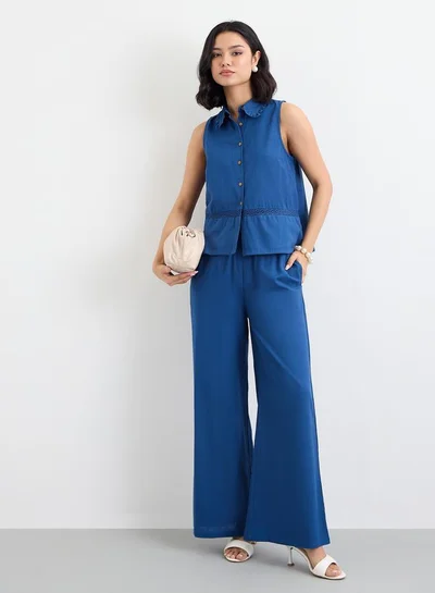 Styli Navy Blue Linen Look Top and Wide Leg Pants Co-Ords