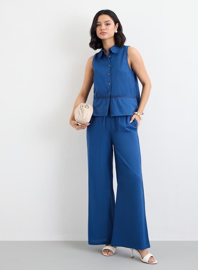 Styli Navy Blue Linen Look Top and Wide Leg Pants Co-Ords - Image 1