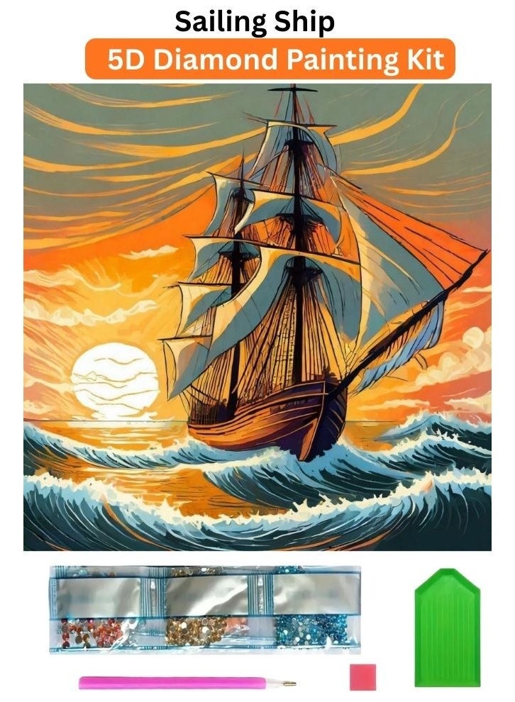طقم رسم بالألماس خماسي الأبعاد، مناسب للأطفال والكبار، لتزيين الجدران، تصميم سفينة شراعية، ألماس أكريليك، قماش لاصق بإطار خشبي، طقم فني مريح، 20×20 سم - Image 1