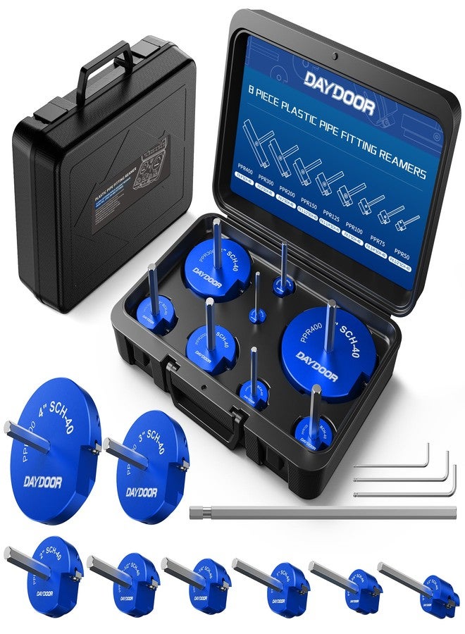 DAYDOOR 8-Piece PVC Pipe Reamer Kit with 1/2", 3/4", 1", 1-1/4", 1-1/2", 2", 3", 4" Heads, 4-Sided Carbide Aluminum Reamer Tool, Plumbing Tools for Schedule 40 PVC, CPVC or ABS - Image 1