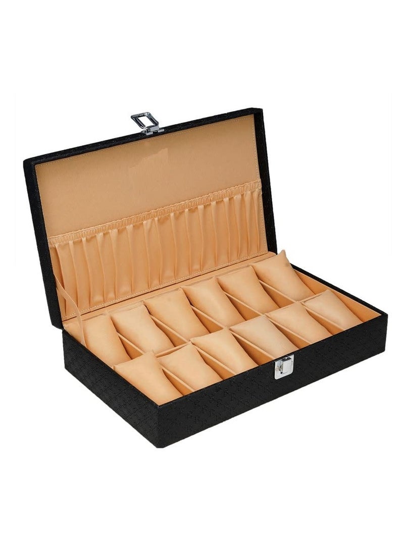 Mens and Womens Watch Box Holder Organizer Case In 12 Slots of watches In PU Leather with Royal Black color - Image 2