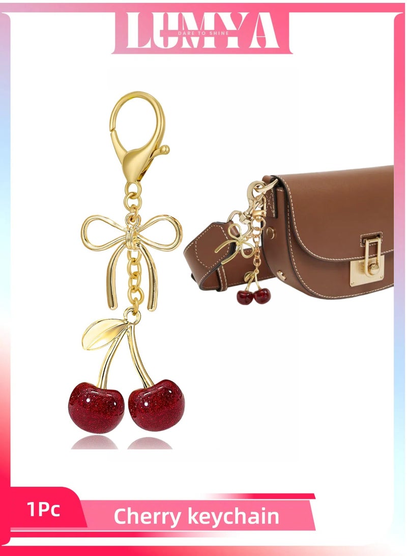 LUMYA Cherry Keychain for Women, Cute Red Bag Charm for Purse,Wallet Bag Pendant, Faux Leather and Gold Alloy Keyring, Car Keys Handbag Purse Pendant, Gift for Mom Girlfriend Birthday  - Image 1